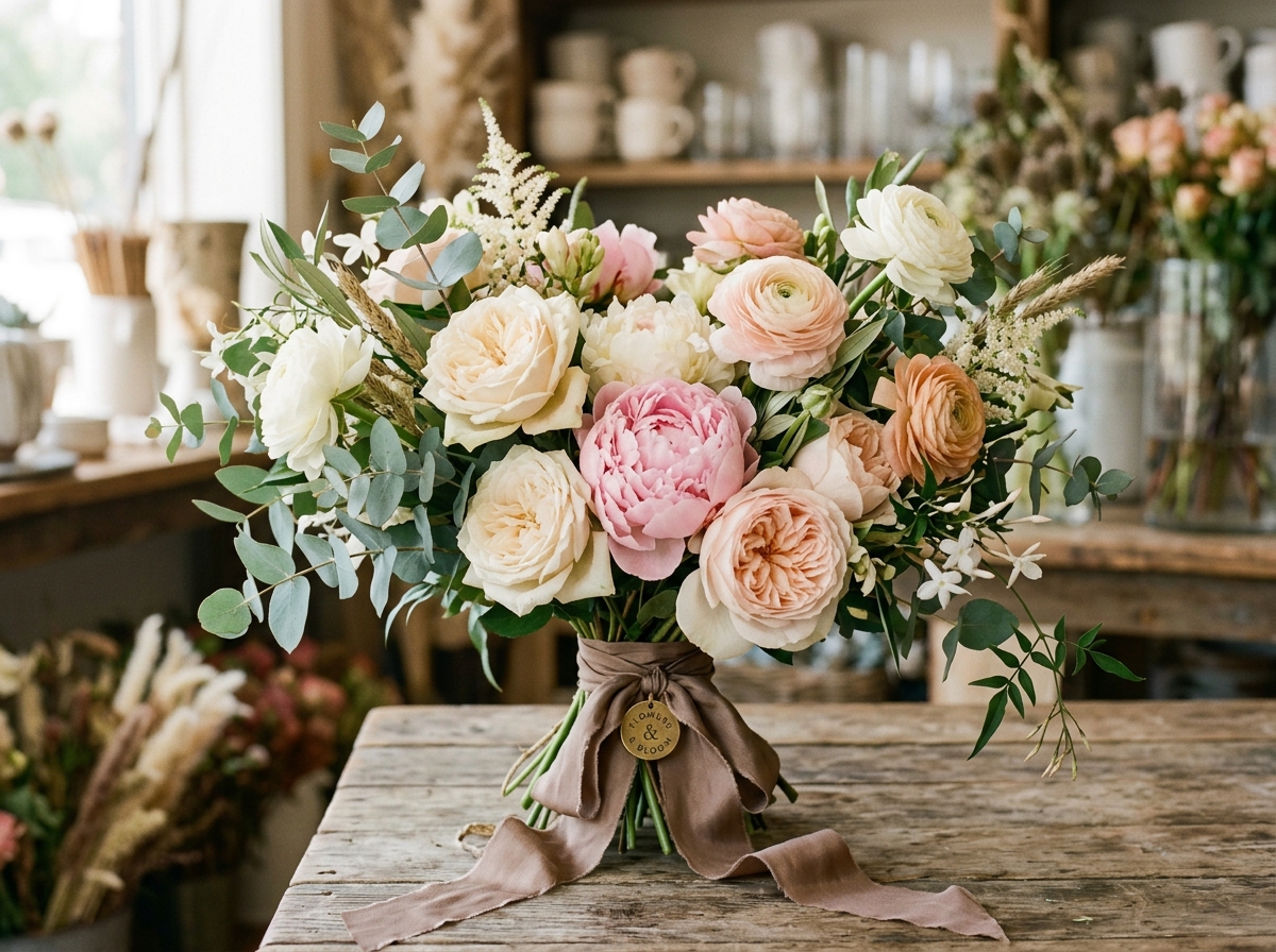 Composizione floreale fresca con rose e ranuncoli