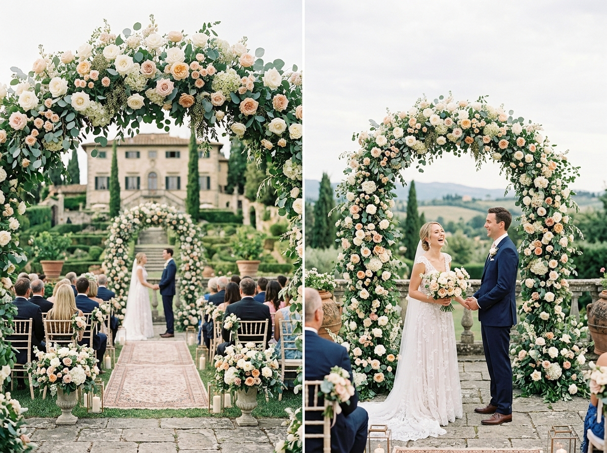 Allestimento scenografico per matrimonio con arco floreale